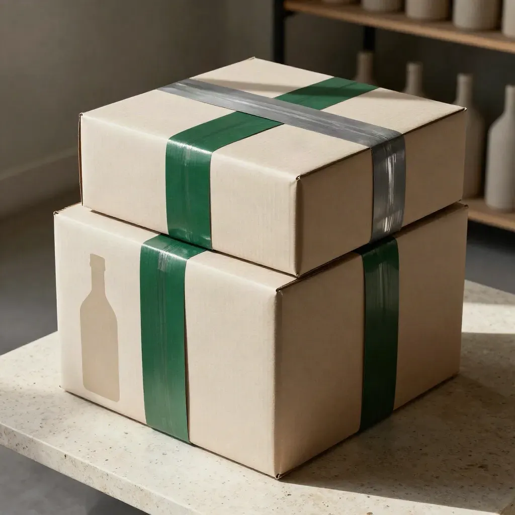 Cartoni e bande di packaging su travertino, con bottiglia neutra e luce drammatica