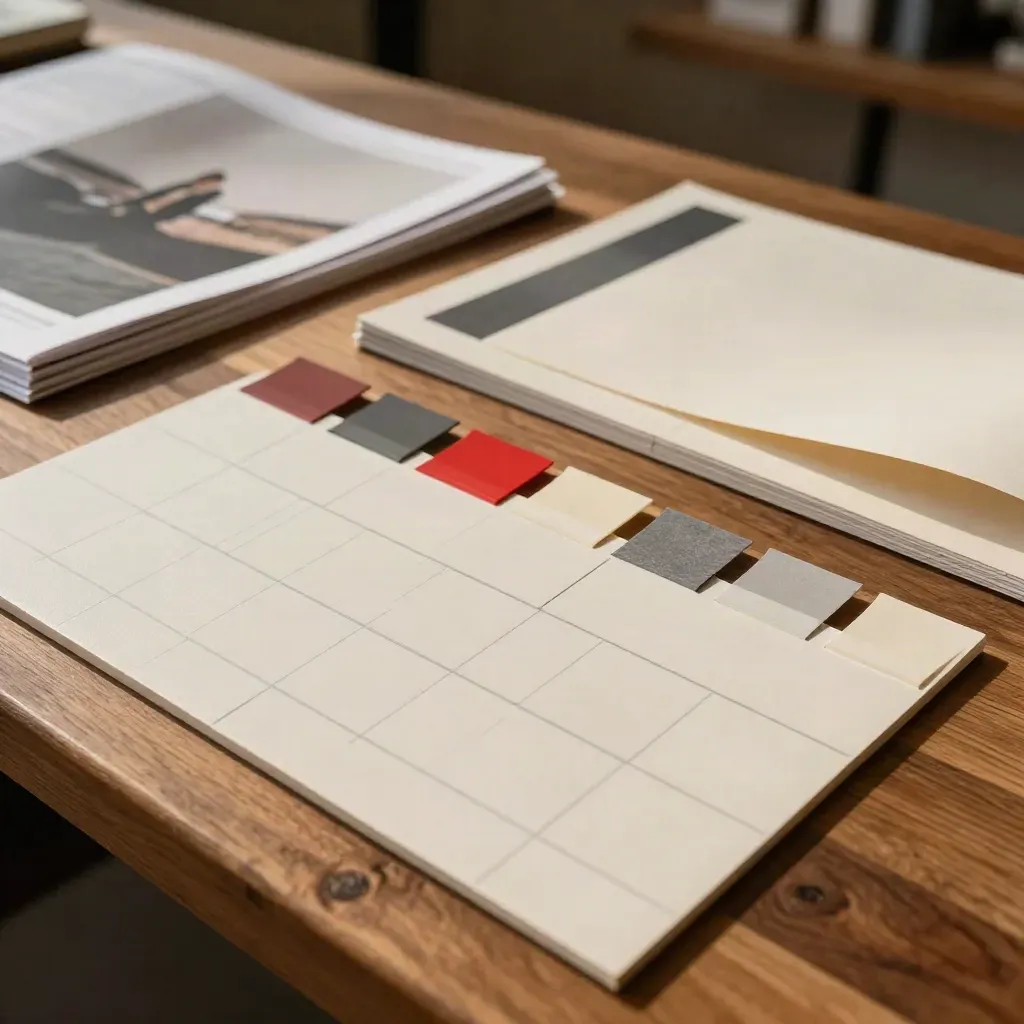 Prove grafiche sociali con cartoncini, guide di taglio e tab rosse su banco in legno.