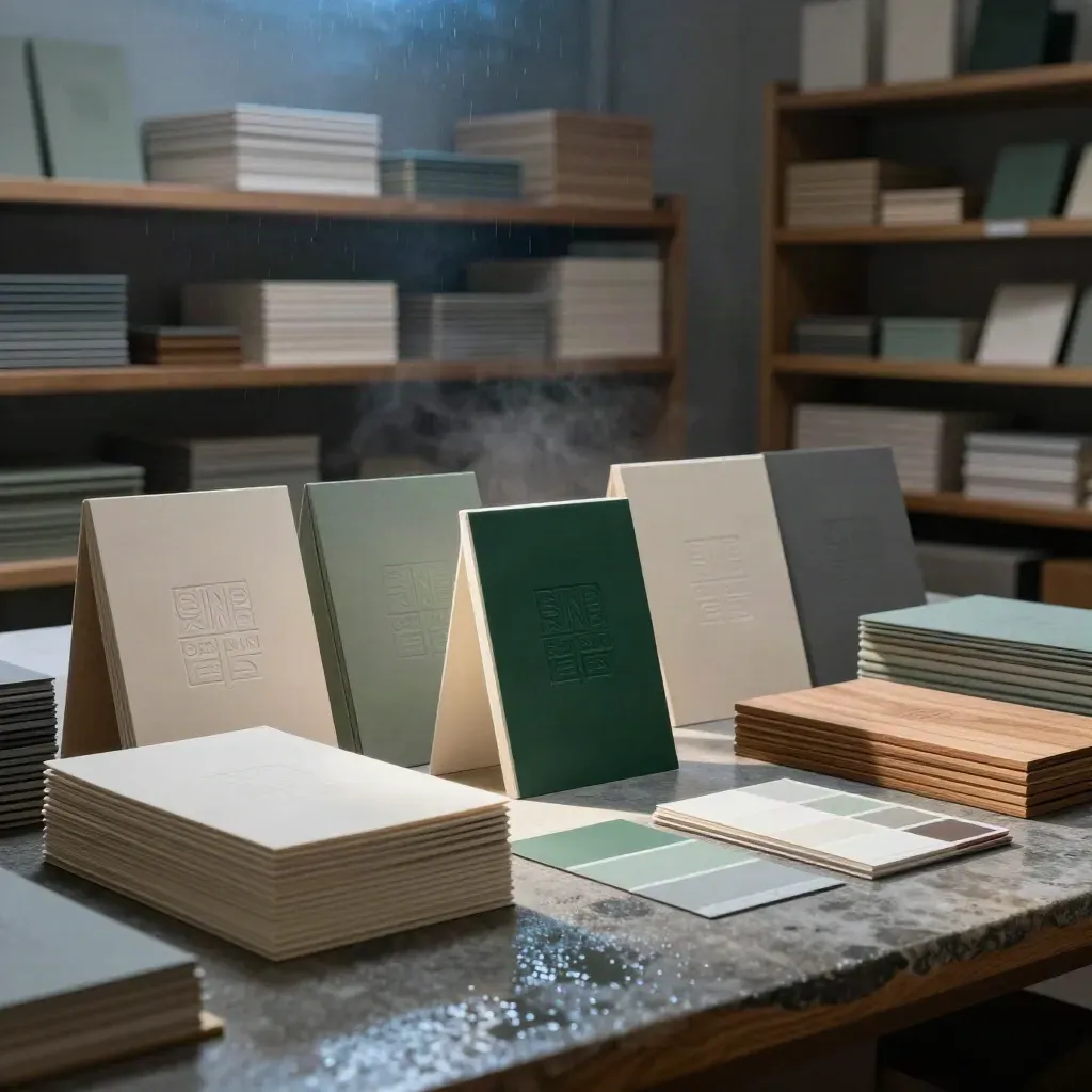 Atelier di branding con campioni di carta, mockup packaging e luce drammatica su pietra bagnata.