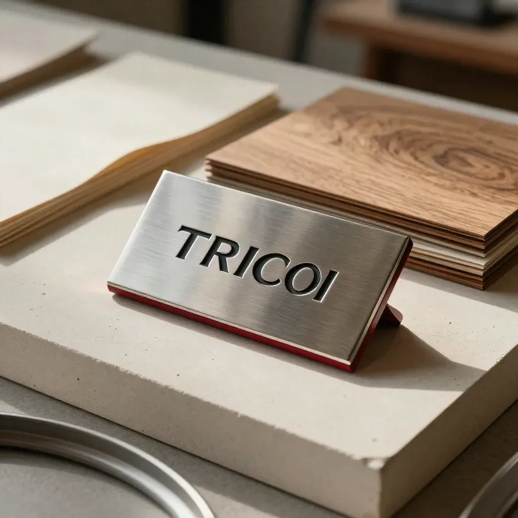 Placca logo in metallo spazzolato con sleeve di carta e gusci packaging piegati, luce calda laterale.