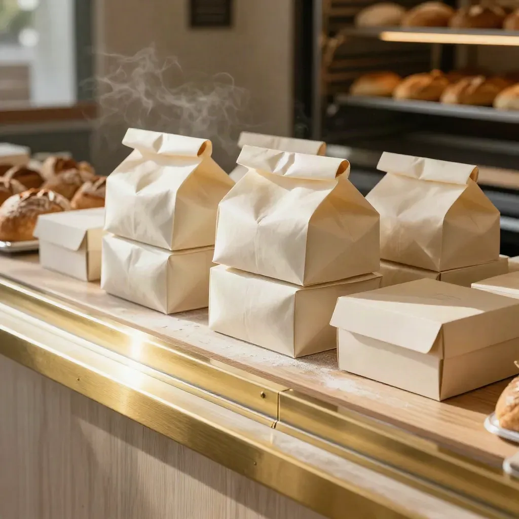Bancone di panetteria con sacchetti, scatole e barre in ottone, luce calda e vapore soffuso