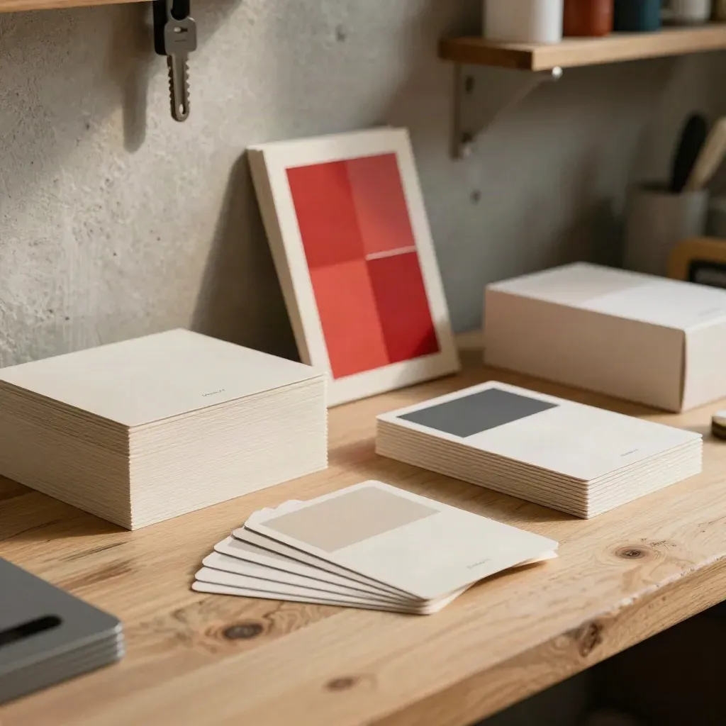 Display rinnovato di Officina 27 con campioni, packaging ordinato e accento rosso in officina.