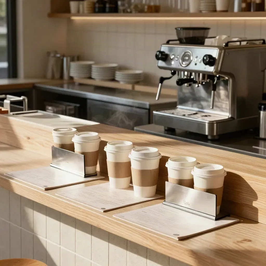 Banco caffetteria con menu coordinati, tazze da asporto e tovagliette stampate in ordine mattutino.