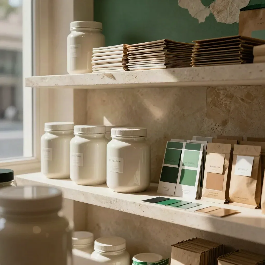 Scaffale di Bottega Verde con barattoli, carte e kit identità in verde bosco.