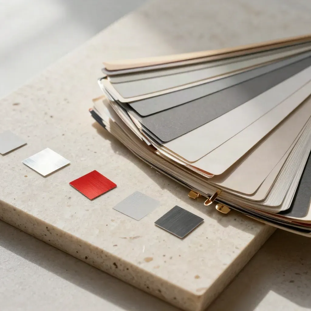 Tavole di presentazione, campioni foil e ventaglio swatch su pietra travertino.