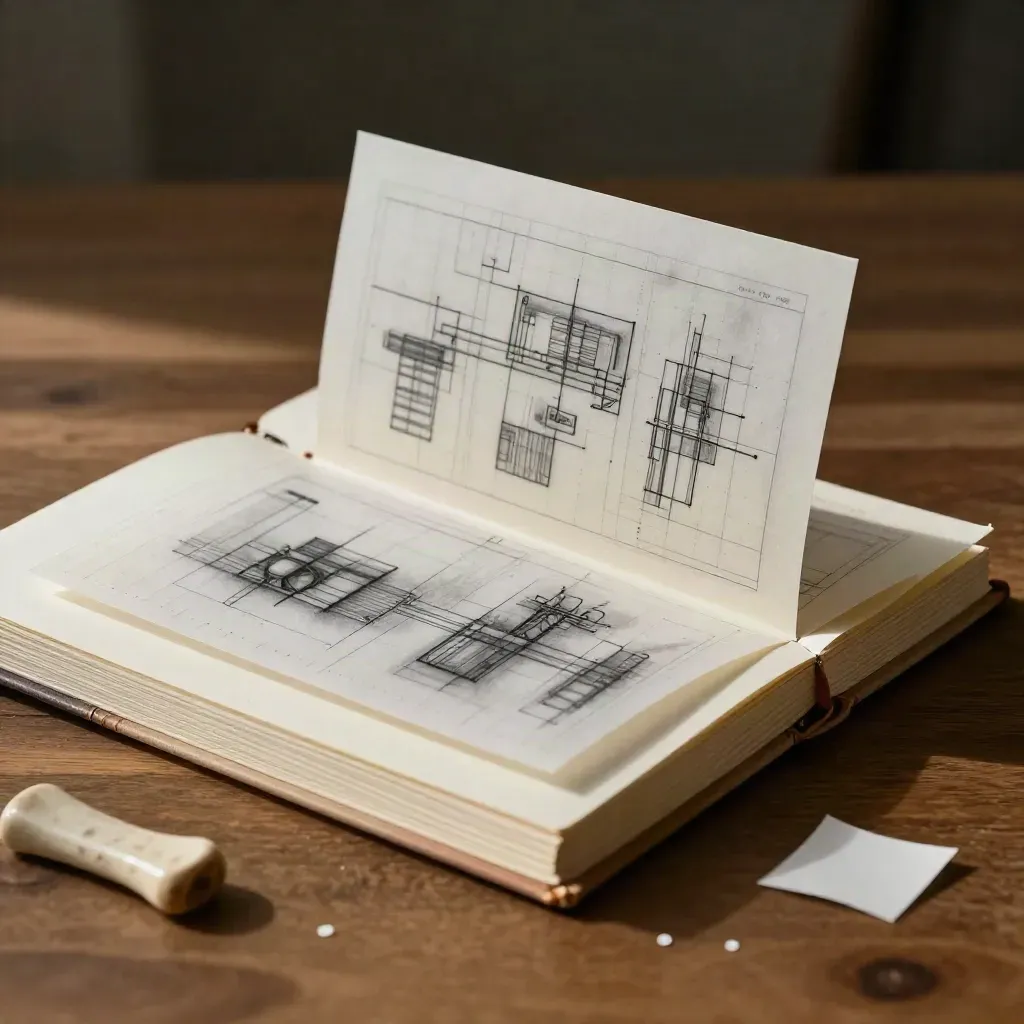 Layout book, punti adesivi e scheda sitemap su tavolo in noce, luce drammatica