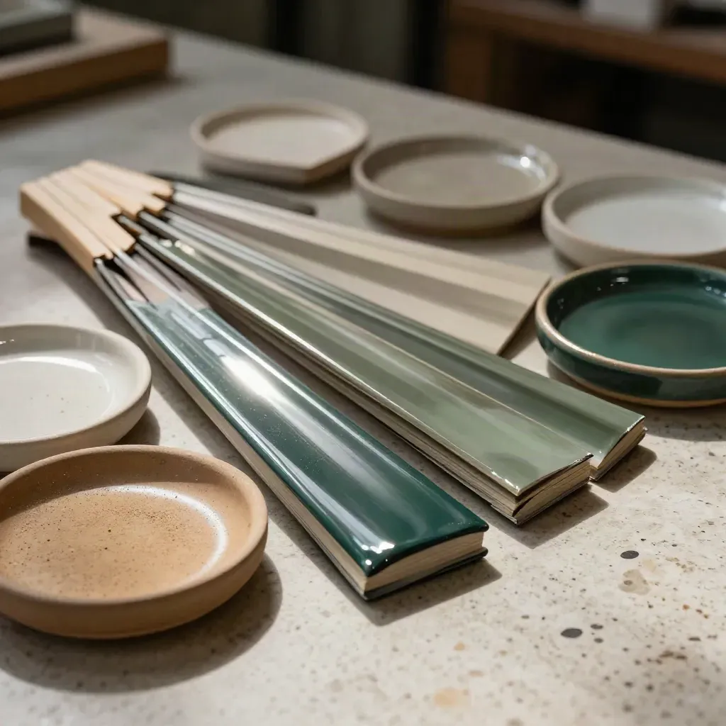 Campionario colori aperto con strisce laccate e ciotole ceramiche su banco in travertino