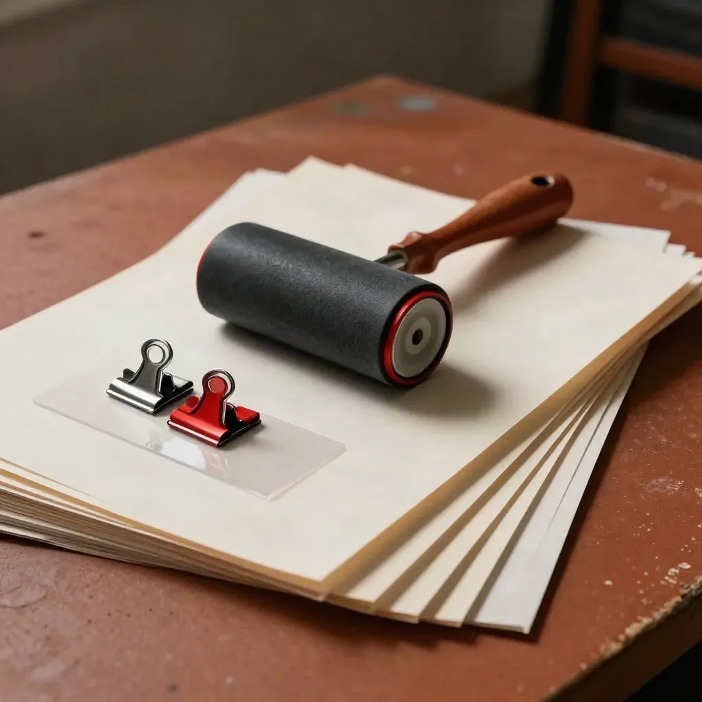 Prove di stampa con rullo d’inchiostro e clip metalliche su tavolo in terracotta