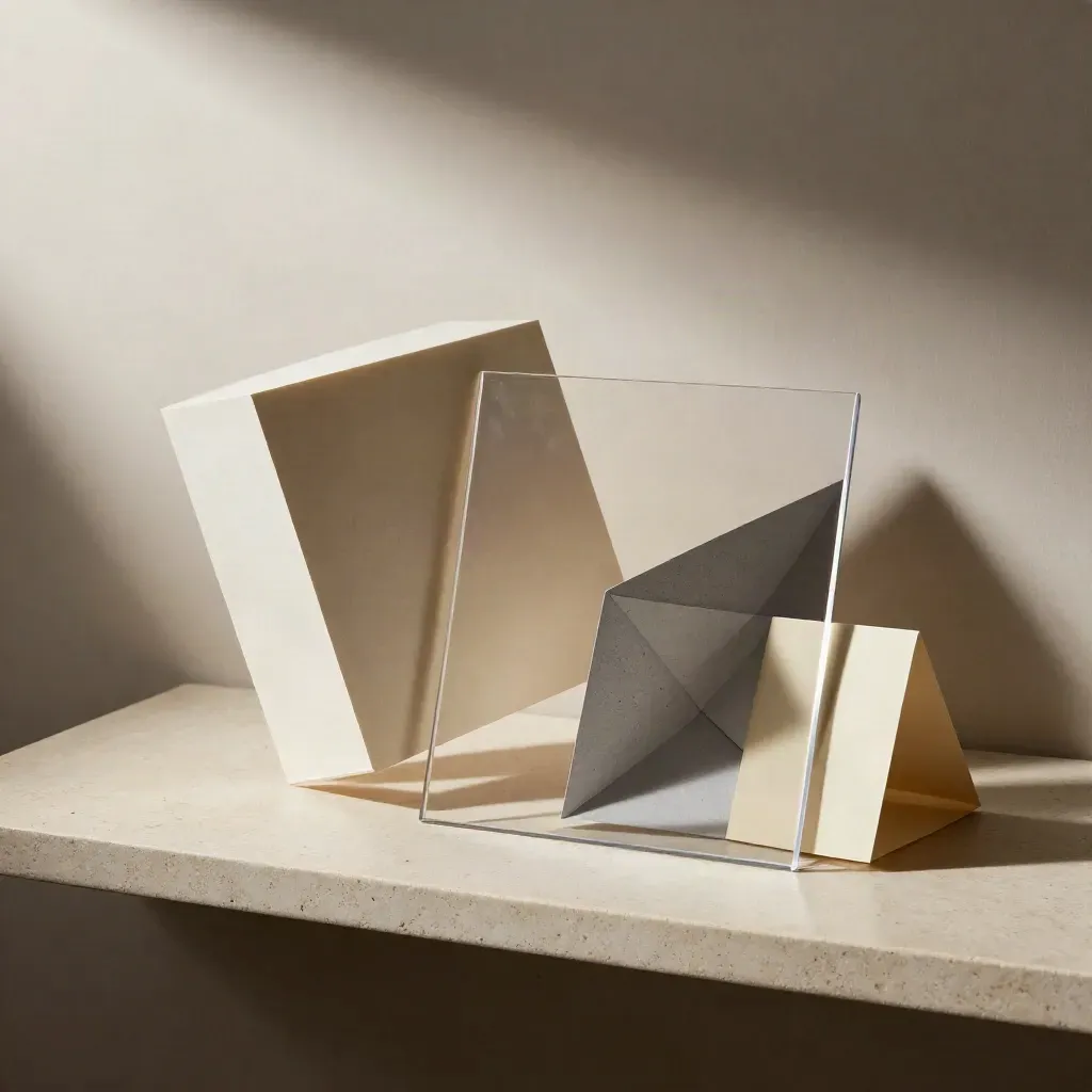 Maquette cartacee divergenti con lastra in acetato su ripiano in pietra chiara.