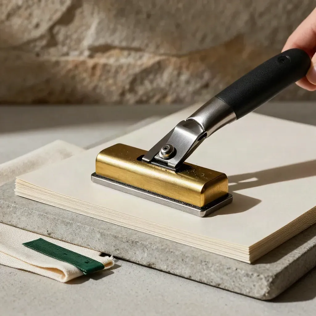 Trimmer metallico, burnisher in ottone e fogli ritagliati su vassoio di pietra.