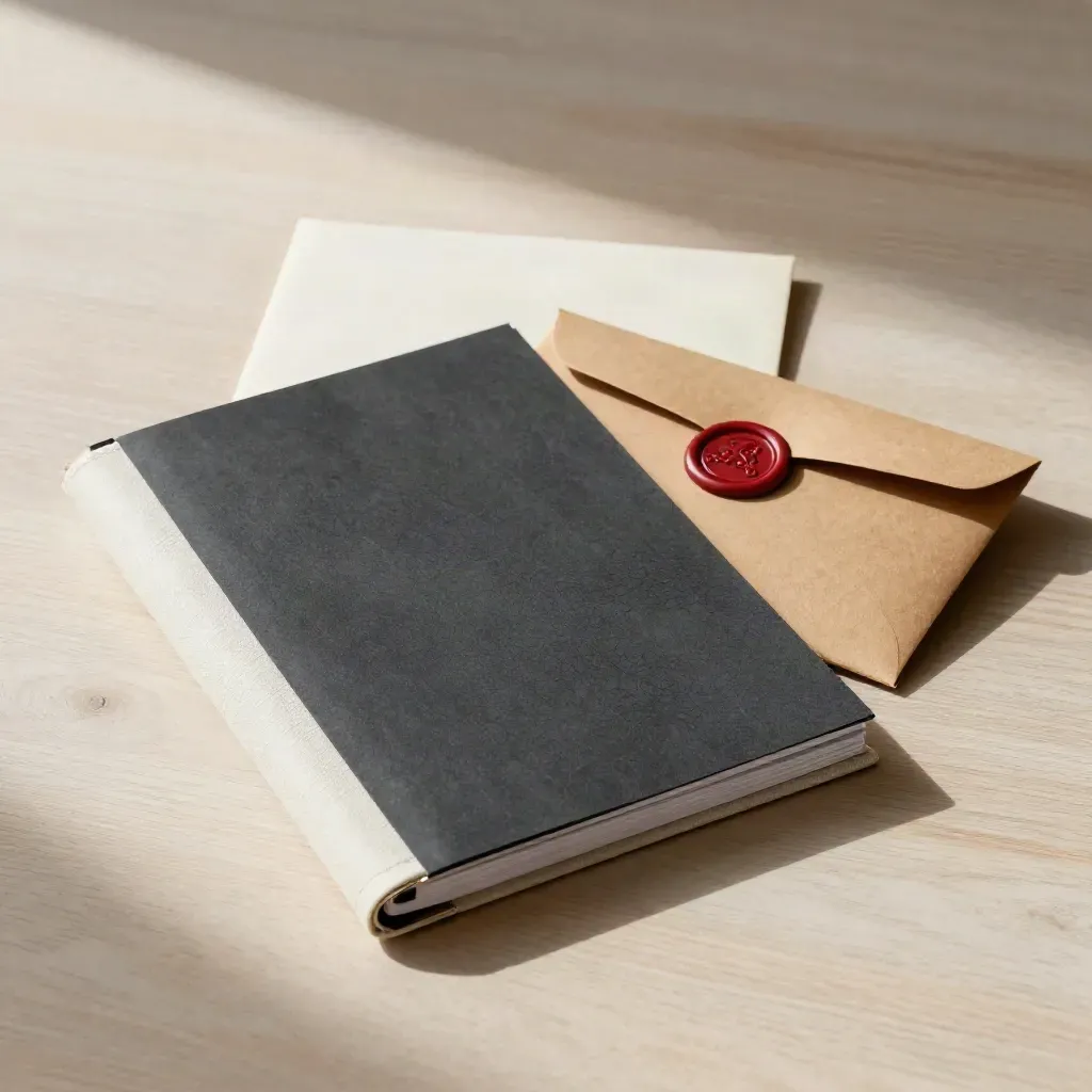 Folio rigido, campioni avvolti e busta sigillata su legno chiaro, luce morbida laterale.
