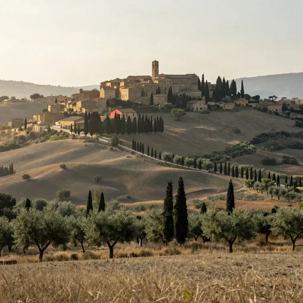 Paesaggio toscano con borgo su una collina, cipressi, campi chiari e luce del tardo pomeriggio.