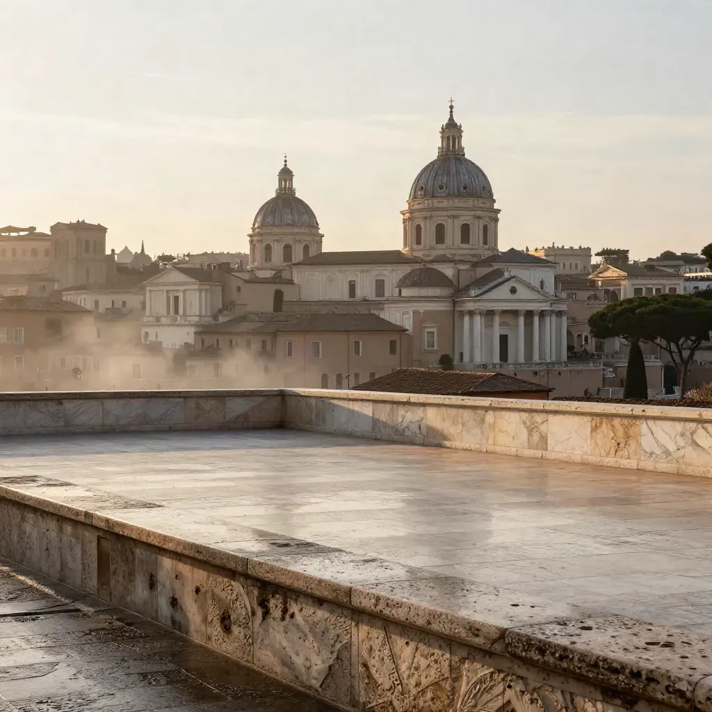Veduta di Roma al sorgere del sole con domi e terrazza in travertino bagnato
